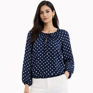 Navy Blue Polka Dot Long Sleeve Blouse – Size M